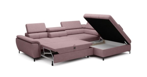 Ecksofa rosa mit Schlaffläche und Bettkasten